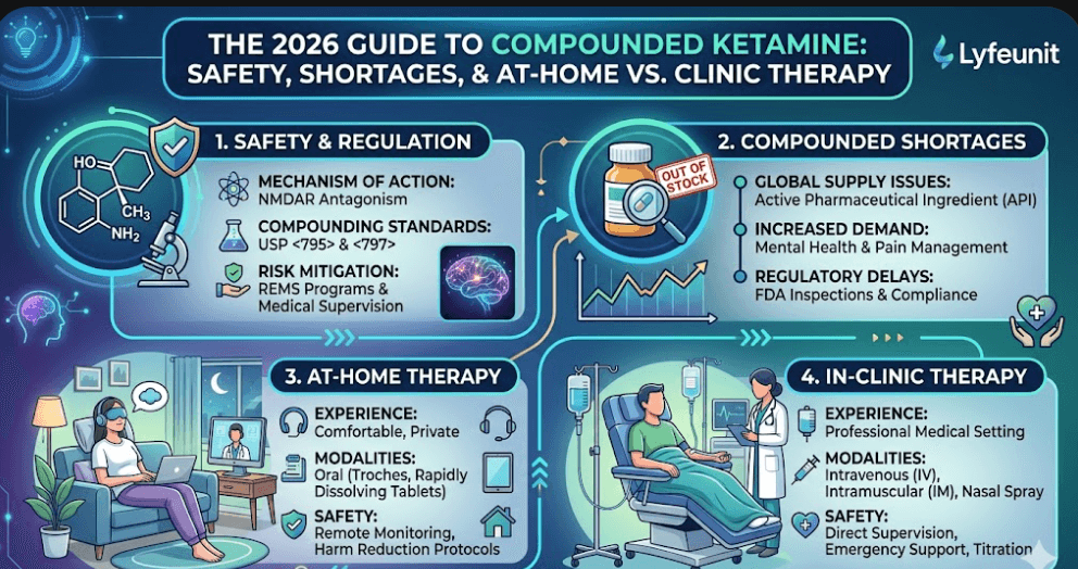 Compounded Ketamine, Compounding pharmacy,The 2026 Guide to Compounded Ketamine: Safety, Shortages, & At-Home vs. Clinic Therapy | Lyfeunit