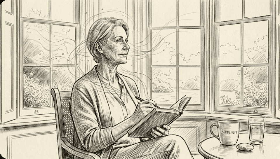 A woman journaling during her ketamine integration session, representing the neuroplasticity window at LyfeUnit