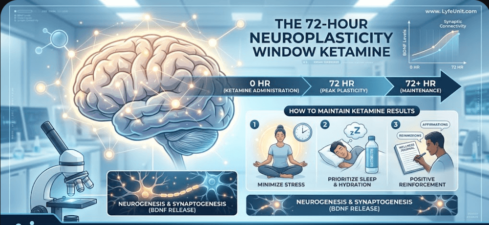 Infographic: 72-Hour Neuroplasticity Window after Ketamine. Maintain ketamine results in Boca Raton, FL.
