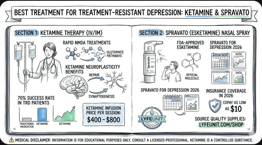 A 2026 clinical guide and sketch infographic showing why Ketamine and Spravato are the best treatment for treatment-resistant depression with 70% success rates.