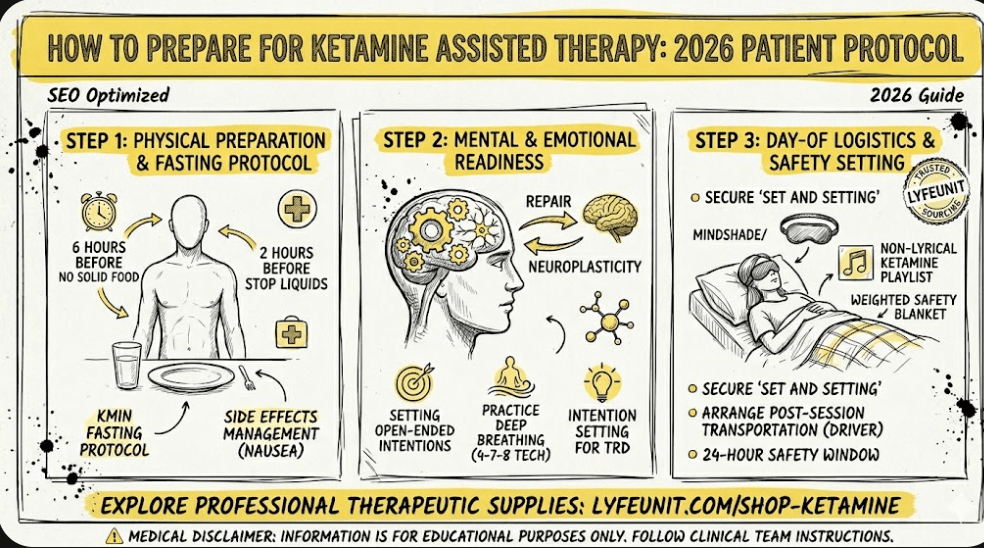 how to prepare for ketamine assisted therapy, Ketamine fasting protocol, Ketamine side effects management,medical clearance for KAP, REMS safety requirements, What to wear to ketamine therapy,non-lyrical ketamine playlist,dissociative experience preparation, eye masks for ketamine,In-home ketamine safety 2026,Collaborative care model,Rapid-acting antidepressant preparation. lyfeunit.com/shop-ketamine
