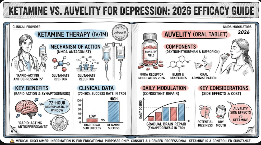 A 2026 sketch-style infographic comparing Ketamine therapy and Auvelity for depression, detailing the glutamate mechanisms, success rates, and side effects of both NMDA receptor modulators. | best treatment for treatment-resistant depression