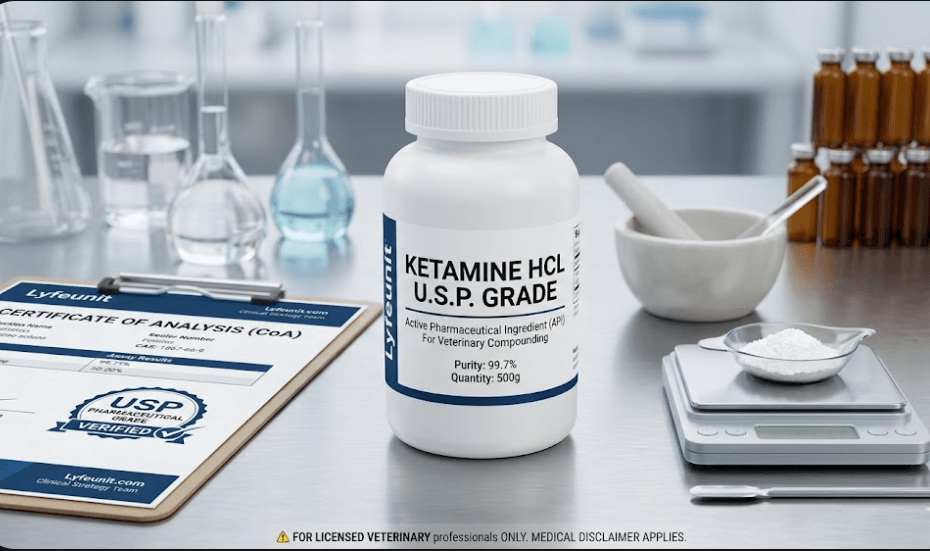 Infographic for USP grade ketamine powder for veterinary compounding, featuring a Certificate of Analysis (CoA), USP seal, and bulk veterinary ketamine price comparisons for dogs, cats, and exotic animals.